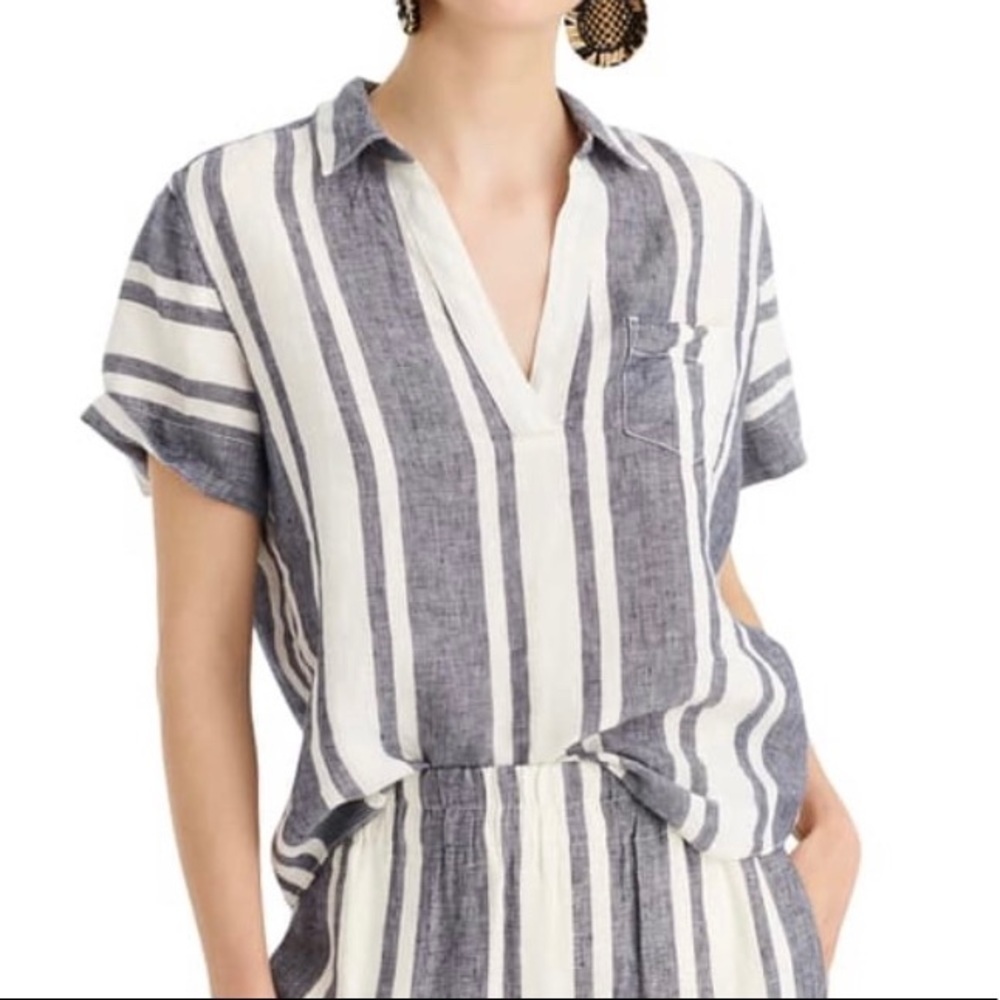 J.Crew Beauchamp 100% Linen Popover Top Short Sleeve Racer Stripe Blue Small